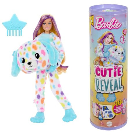 Barbie Cutie Reveal Muñeca con Disfraz de Perro dálmata de Colores, con Peine, Mascota y Accesorios Sorpresa de Moda, Serie Sueños de Colores, Juguete +3 años (HRK41)