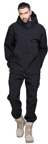 Shuanghao Mann Soft-shell wasserdichte-Armee Camouflage - Taktische Jackes Und Hose Mantel Kampfanzug ReißVerschluss Kapuzenpulli Jagdbekleidung Outdoorjacke Fleece Futter Warme Uniform Set Schwarz XL