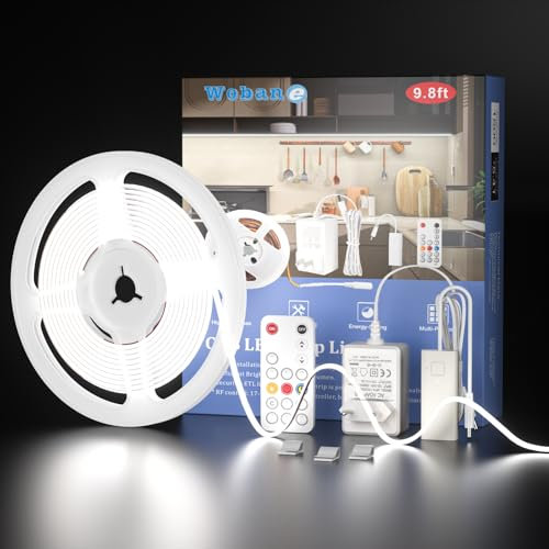 WOBANE 3m COB LED Strip Weiß,12v Helles LED Streifen 960 LEDs,CRI90+,Flexibles LED Lichtleiste mit Controller,Für Spiegel,Küche,Schrank,Wohnzimmer,Waschbecken,Fernseher,6000K,1500Lumen