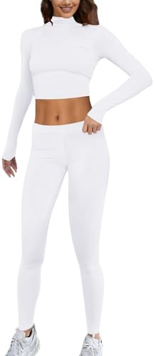 EWFAS Workout Outfits für Frauen 2 Stück Gerippte Langarm Crop Top mit hoher Taille Yoga Leggings Sets