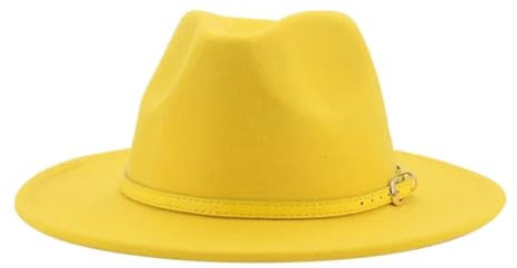 SOYNIA Fedora Trilby Filzhut Hut Hüte Für Damen Und Herren Solides Gürtelband Kleid Hochzeit Kirche Panama-Filzhut Breite Krempe 52–54 cm (Kinder) Gelb-Gelb