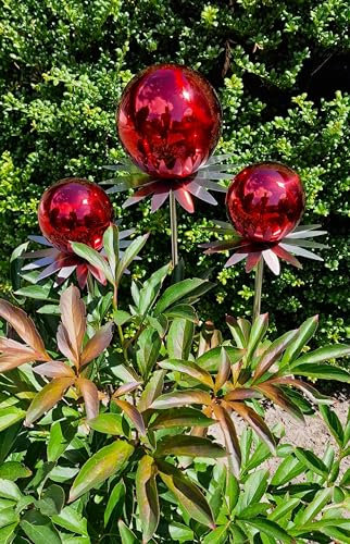 Jürgen Bocker Garten-Ambiente Blütenzauber Milano 3er Set Rosenkugel 15/10/10 cm Edelstahl Gartenstecker Deko mit Stab 80 cm (rot poliert)