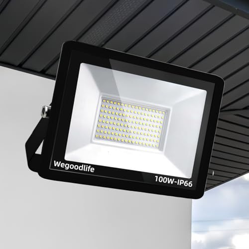 Wegoodlife Projecteur LED Extérieur 100W, Super Lumineux 8140LM Spot Extérieur, 144 LEDs, 6500K Blanc Froid, IP66 Étanche, Éclairage de Sécurité pour Jardin, Cour, Garage, Allée, Atelier, Sans Prise