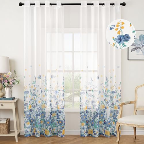 Woaboy Tende Floreali per Interni 140x225cm Blu Navy Tende Finestre Voile Trasparenti per Soggiorno e Camera da Letto 2 Pezzi