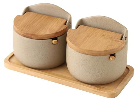 2 Stk Zuckerdose Mit Deckel, Zuckermeer Salzbehälter, Salzbehälter Aus Keramik Mit Holzlöffeldeckel, Zuckerdose Mit Löffel, Aufbewahrungsglas Für Küchengewürze, Salz Und Zuckerdosen-Set Für Den Resta