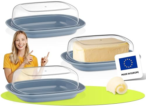 uandu Beurrier en plastique avec couvercle - pour 250 gr de beurre - boite a fromage pour frigo - boite a beurre - couvercle transparent - convient au lave-vaisselle - sans BPA - Bleu x 3