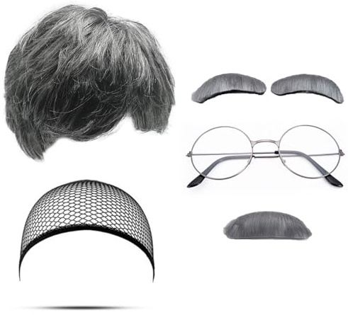 MIVAIUN 6 Stück Set Opa Kostüm Perücke Mann Alte Perücke Grau Perücke Opa Bart Falsche Augenbraue Kappe für Perücke Brille Kostüm Senioren Perücke für Cosplay Party