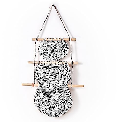 3 Tier Wall Hanging Basket, Cotton Fruit Basket, Handmade Woven Storage, Over the Door Organizer, Jute Rope Boho Hanging Decor, Back of Door Vegetable Fruit Hanger for Kitchen Bedroom Bathroom (Gray)