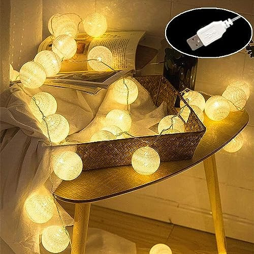 Kariosid LED Cotton String Lights,Fairy Lights Cotton Balls USB Powered Decoration Lights for Indoor，Party,Wedding,Christmas,(4M/20LED,Warm White)