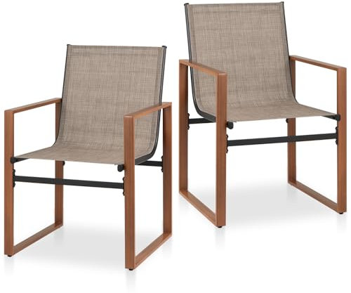 KOMFOTTEU 2er Set Gartenstühlen, Balkonstühle aus Stoff & Metall, Terrassenstühle mit geneigter Rückenlehne & Armlehnen, Outdoorstühle für Terrasse, Balkon (Braun)