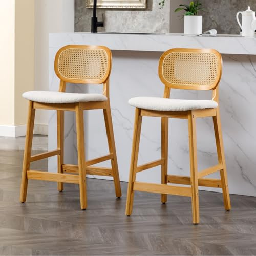 Ya-Home Bar Stools Set of 2 Wooden Bar Chairs with Rattan Backrest, Beige | Faux Fur Fabric, Wood Legs, Foot Pads, Breakfast Counter Stools for Kitchen Island