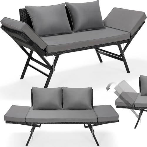 Gartenbank Polyrattan mit Liegefunktion, 2-Sitzer Polyrattan-Möbel, Rattan Gartensofa mit Verstellbare Armlehnen, Wetterfestes Balkon-Sofa, Gartenbank Wetterfest für Garten, Balkon,Terrasse (Schwarz)