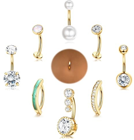 Chriscoco 9Pcs Belly Button Bars 14G Surgical Stainless Steel Belly Button Piercing Hypoallergenic Clicker Belly Button Ring Silver/Gold Belly Bars CZ Navel Piercing Jewelry for Women Girls, G