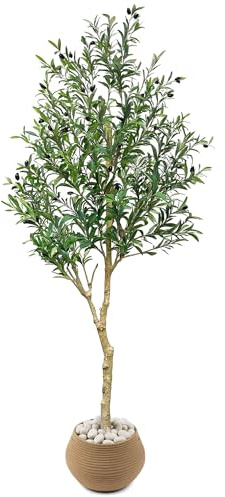 CASA MODERNO 6.5FT Fake Olive Tree - Faux Olive Tree - Olive Trees Artificial Indoor with Decorative Pot for Home, Office and Indoor Decor - Lifelike Greenery