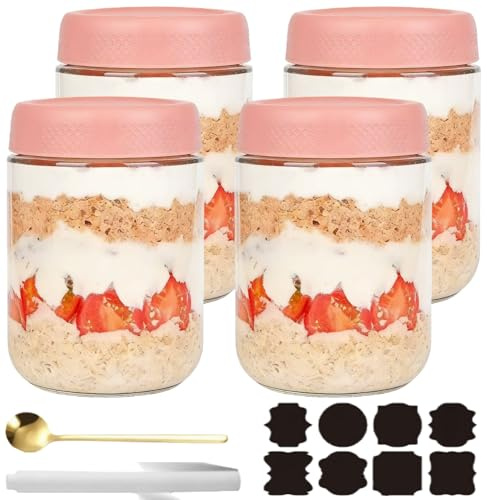 CNKHDZ 4 st blå 300 ml övernattning havregryn måltid prep sallad mat müsli mellanmål behållare pudding yoghurt förvaring förseglad burk (4rosa, 500 ml)