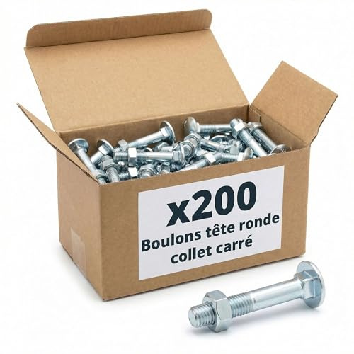 200 Boulons tête ronde collet carré DIN603/555 acier zingués blanc diamètre 7,0 mm - Longueur 50 mm