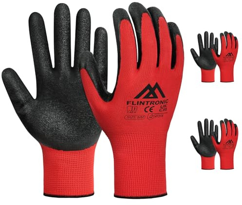 Flintronic Safety Work Gloves - Latex and Nitrile Coated, Non-Slip Protective Grip for Gardening and Builders, General Duty (M, Size 8, Red)