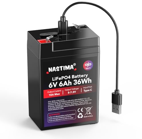 NASTIMA Batteria Ricaricabile 6V 6Ah 36Wh LiFePO4 con Protezione BMS e Ciclo Profondo 2000, Ricarica Type-C, Telecamere di Sorveglianza, Macchinine per Bambini, Barche a Motore, Campeggio