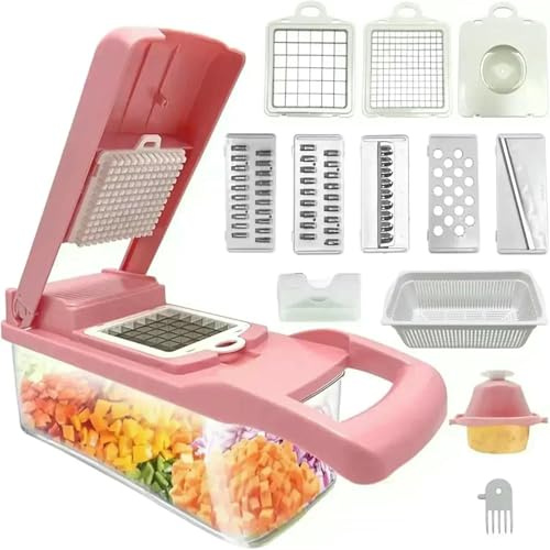 OXFUZZ Kitchen Gadgets Multifunctional Vegetable Cutter Manual Food Chopper Potato Shredder Slicer Gadget-12-in-1 Pink White