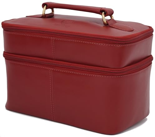 GERMANUS Handgemachte Kosmetiktasche Ina, Kosmetikkoffer und Kulturtasche aus dickem Leder, Rot