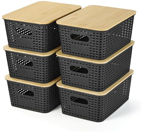 VIIHTYISA Caja de Almacenamiento en Plástico con Tapa de Bambú, Caja Apilable, Caja para Organizar en Estanterías, Cajones, Escritorios, Armarios, Salones de Juegos y Oficinas, Set de 6, Negro