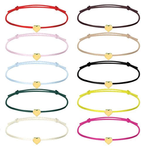 Teouuas 10 Piezas Pulseras de la Amistad, Pulsera de Amistad con Corazón, Corazón Pulsera a Mano Ajustables para Mujeres, Niñas y Mejores Amigas, Regalos de Cumpleaños y Navidad (Oro)