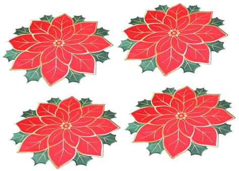 SMASOLO 4 Pezzi Tovagliette Natalizie Ricamate in Lino Rosso con Imbottitura in Sottopiatti Isolanti per Protezione Tavola e Decorazioni Festive Eleganti