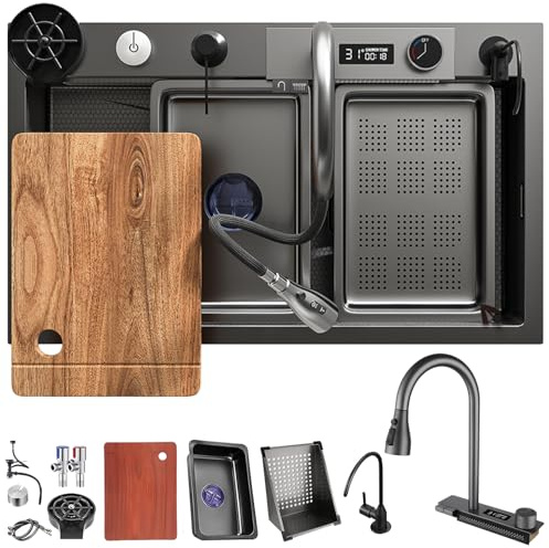 DSMRLEOP Black Waterfall Kitchen Sink, 90 x 50 cm, 1 Basin, Kitchen Sink, Stainless Steel, Rectangular, Siphon, Overflow and Drain Set, Multifunctional Modern Sink, Waterfall Sink with Accessory Set