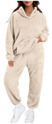 pvucpot Pigiama Donna Invernale Pigiami Due Pezzi, Pigiama Pile da Casa con Tasche Felpa Manica Lunga e Pantalone Lungo, Indumenti da Notte Sleepwear