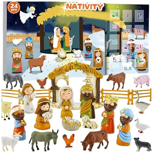 Calendario conto alla rovescia - Presepe Avvento religioso, Componente statuette della fattoria, 24 piccoli oggetti numerati, funzione narrativa tematica quotidiana, decorazione per la casa per