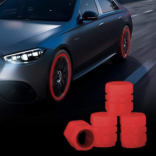 4 Stück Ventilkappen Auto Leuchtend,Autoreifen Ventilkappen,Fluoreszierende Reifenventilkappen,Leuchtendes Auto Reifenventil,Universelle Autoventil Kappe Ventildeckel für Fahrräder,Motorräder (Rot)