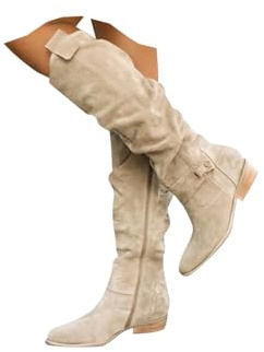 Slouchy Knee High Boots for Women UK,Low Chunky Heel Boot with Side Zipper Round Toe Booties Ladies Casual Suede Shoes Winter Non Slip Dressy Comforable Wedge Warm Wide Flat Booties