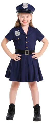 Genérico Disfraz Policia Niña de Carnaval Vestido Mini de Manga Corta de Policía 4 Piezas Conjuntos de Vestido, Gorro, Cinturón Y Esposas de Juguete Traje de Juego de Rol Azul Marino Policía Uniforme