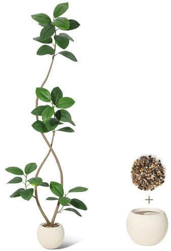 7 ft Artificial Plant Rubber Tree with White Sphere Resin Planter & Stone Faux Fiddle Leaf Fig Tree, Indoor Artificial Tree Tall Plant Fake Tree Tropical Large Floor Tree Real Touch for Home Decor