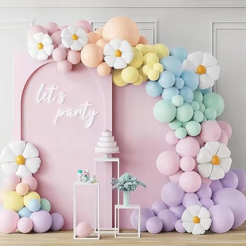 Brokatove Girlande Luftballon Pastell - Bunte Luftballons und Blumen, 138er Set, Geburtstag Deko, Baby Shower, Taufe