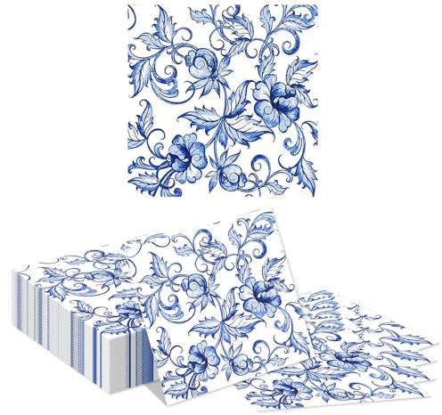 Tapufitil 40 Stück Blau-Weißes Blumen-Papierservietten, Chinoiserie Design mit Rosen, 33x33cm Einweg Servietten für Garten-Party & Hochzeit