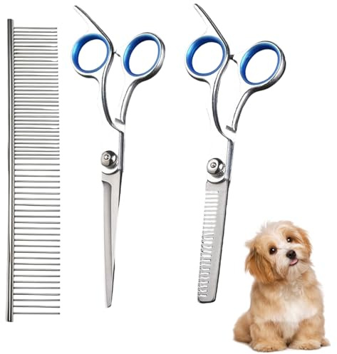 3PCS Dog Grooming Scissors Set, Stainless Steel Dog Scissors with Safety Round Tips, Dogs Grooming ScissorsCurved for Dogs Cats Pets with Cutting, Thinning Shear