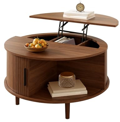 HAINEW Runt soffbord, vardagsrumsbord med höjdjusterbar bordsskiva och skjutdörr, soffbord sidobord soffbord med rundade hörn, 80 × 80 × 59 cm, HD26052604 (valnöt)