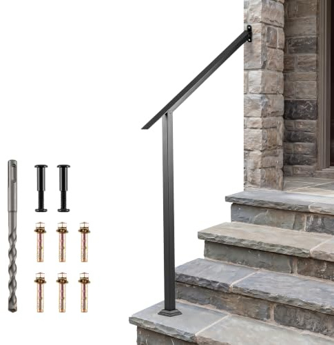 TANGZON Outdoor Handrail for Steps, Adjustable Stair Rail Kit | Fits 3-4 Steps, 0-150 Degree Angle, Steel Support Rail, Black Coating, Installation Kit, for Concrete Steps, Porch and Deck