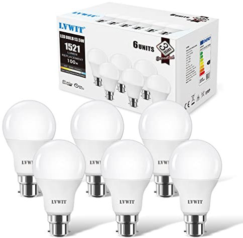 LVWIT 6x Lampadine LED B22, Forma A60,14W, Equivalenti a 100 W, 6500K Luce Bianca Fredda, 1521LM, Non dimmerabile, Lampada LED a risparmio energetico