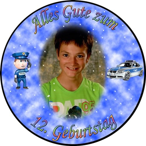 Tortenaufleger Fototorte Tortenbild zum Geburtstag Motiv: Polizei (Zuckerpapier) Rund 14 cm Ø Blau