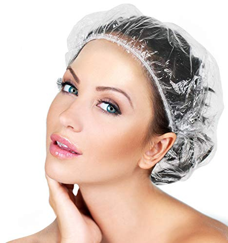 Gorros de ducha desechables plástico, multiusos, gruesos, elásticos, impermeables y transparentes para mujer, baño el pelo spa, uso doméstico, hotel peluquería, viaje, 100 unidades