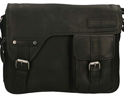 Hill Burry Echt-Leder Umhängetasche | Messenger Tasche aus Leder | Aktentasche Arbeitstasche | Schultertasche Lehrertasche Businesstasche Unitasche (schwarz)