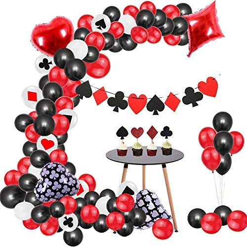 Luftballons Casino, 107 Stück Luftballons Schwarz Rot Weiß für Casino Party, Las Vegas Party,Casino Party Dekorationen Spiel Nacht Casino Strohhalme Ballons Banner für Poker Party Supplies