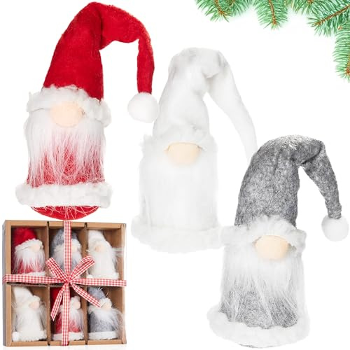 BRUBAKER 6-teiliges Set Weihnachtszwerge aus Holz und Strick | Baumanhänger Weihnachtsmänner Wichtel - Weihnachtsanhänger Gnom Groß - 9 cm Baumschmuck Weihnachtswichtel in Geschenkbox