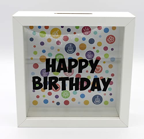 Geburtstag Spardose Rahmen aus Holz und Glas 15 x 15 x 5 cm