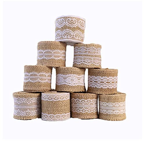 10 rouleaux rouleau de ruban de toile de jute de dentelle Blanche naturel, Fait de ruban de jute naturel et de dentelle de soie blanche.Déco Mariage et les emballages-cadeaux.