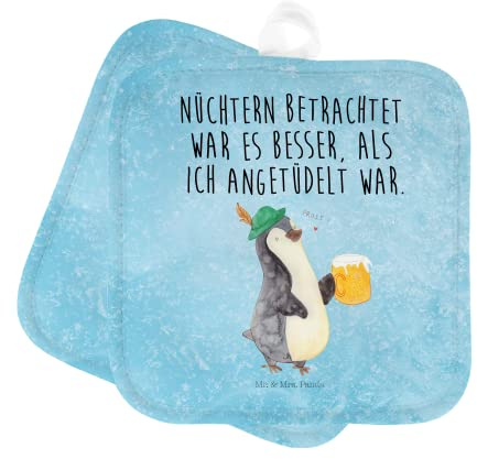 Mr. & Mrs. Panda 2er Set Topflappen Pinguin Bier - Geschenk, Topflappen mit Spruch, beschwippst, Topfhandschuh, Topflappen 2er Set, Topflappen