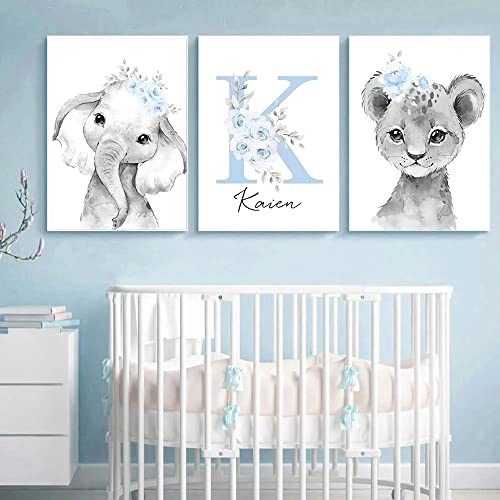 3 Leinwand Personalisiert Namen Baby Elefant Löwe Blumen Bilder Jungen Zimmer Poster Grau Blau Schlafzimmer Dekoration Kinder Geschenk 30 x 40 cm ohne Rahmen
