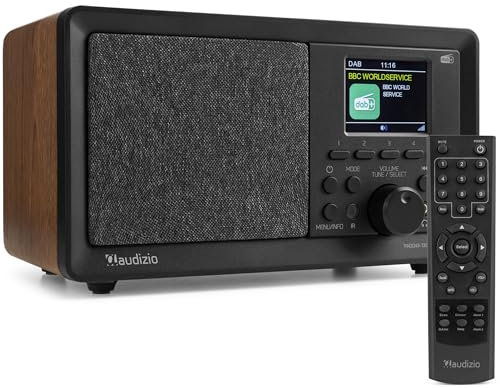 Audizio Padova - Küchenradio DAB Radio mit Fernbedienung, Retro DAB Radio mit Bluetooth, UKW, TFT Farbdisplay, 60 Presets, 40Watt, USB,MP3-Player, Digital Radio mit Wecker, Farbe Holz-Braun